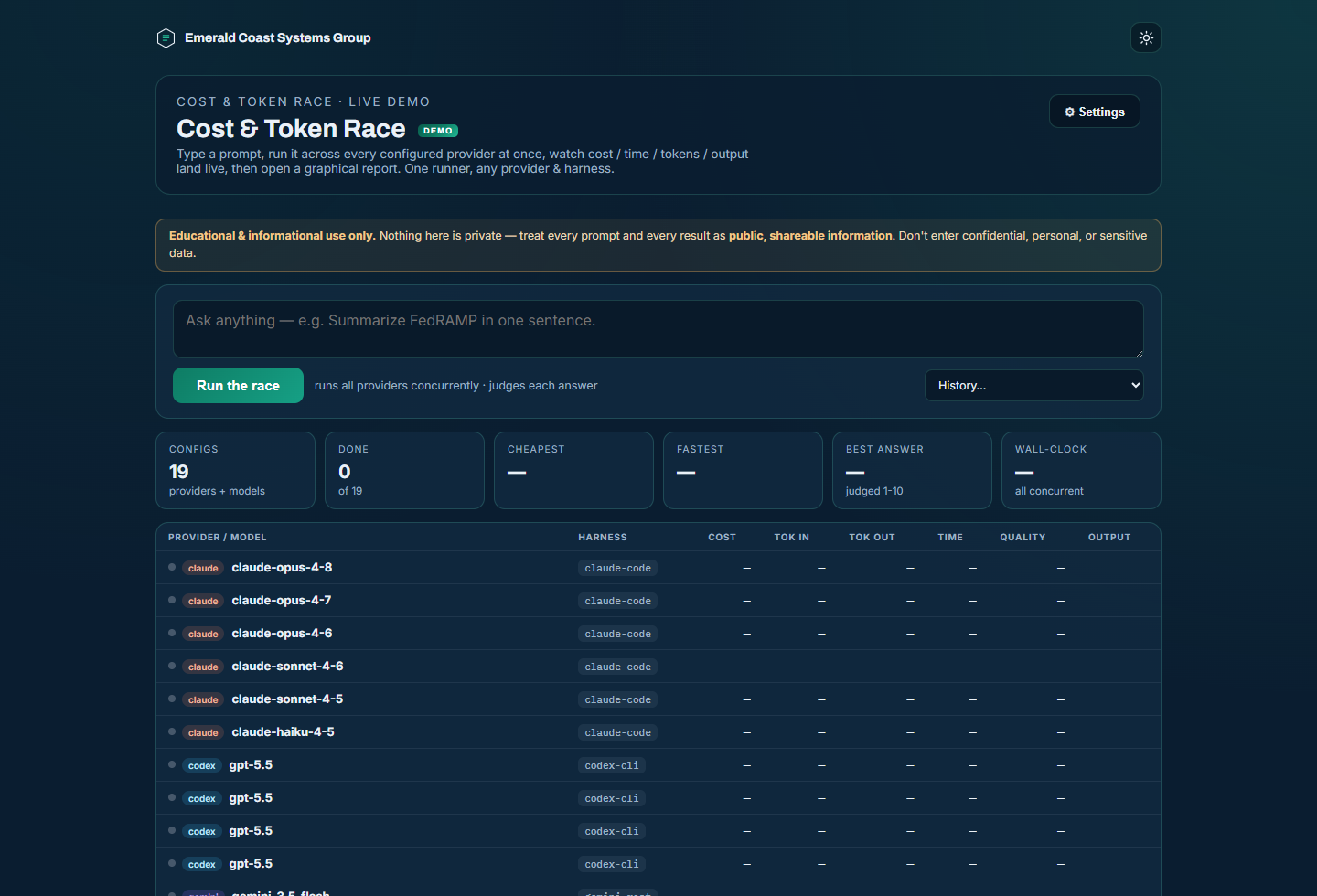 Screenshot of the AI Optimize cost and token race application