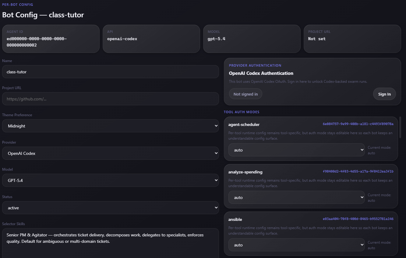 Screenshot of OSHAL per-bot configuration showing class-tutor harness API provider model provider authentication and tool auth modes