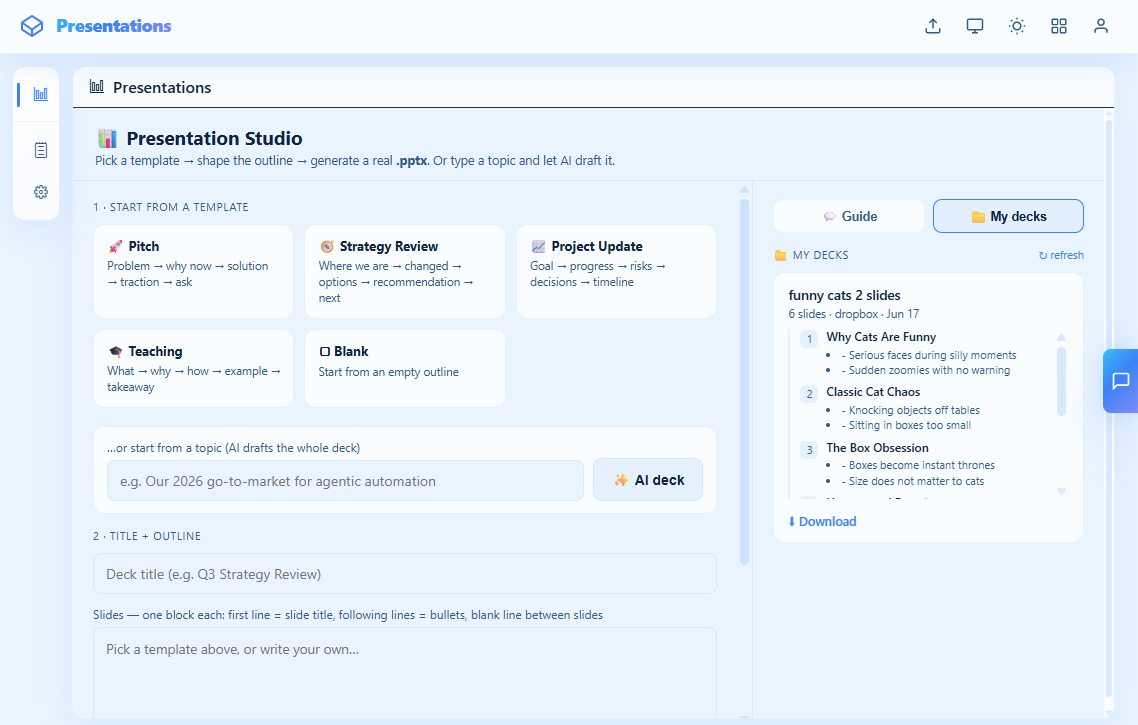 Screenshot of Presentation Studio with templates and generated deck preview