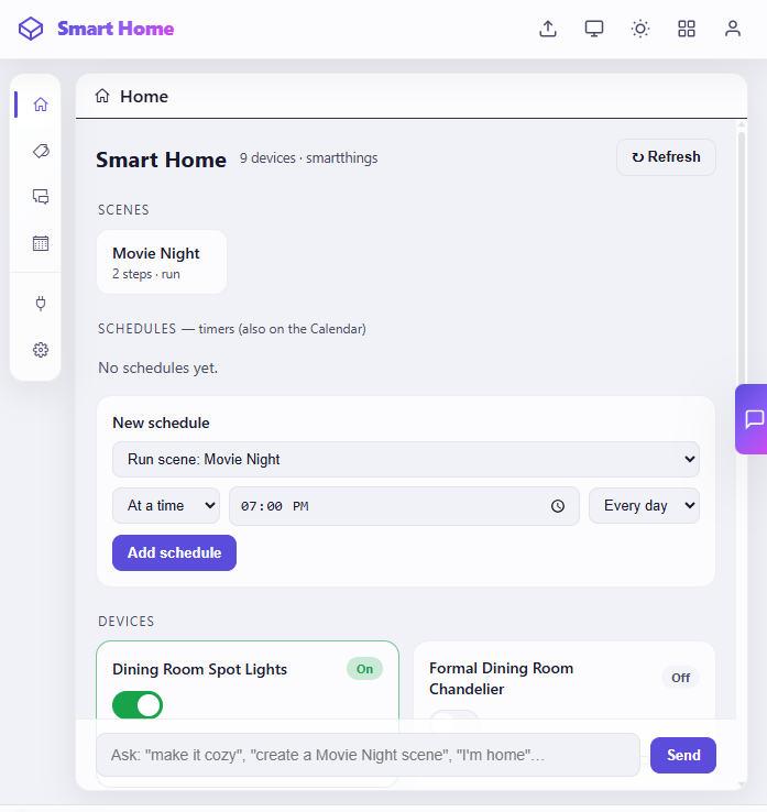 Screenshot of Smart Home cockpit with scenes, schedules, devices, and chat command input